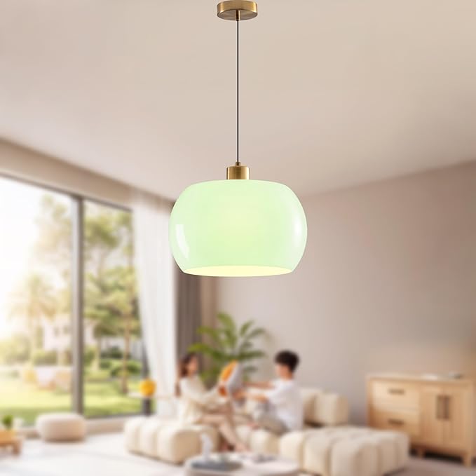 Mid Century Pendant Lights Modern Adjustable Green Glass Pendant Light Fixtures 1-Light Kicthen Island Light Modern Gold Hanging Lamps for Bedroom Hallway Foyer
