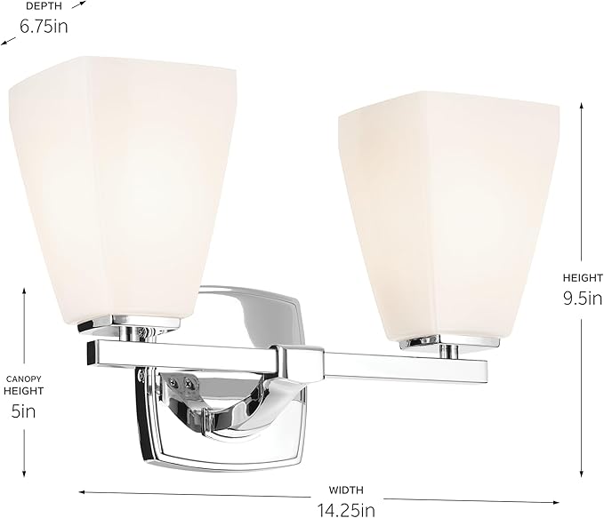 Kichler Marant 2-Light Bathroom Vanity Light Fixture with Opal Glass in Chrome, Modern Wall Mount Light for Bathroom and Powder Room Over Mirror (14.25 x 9.5 in), 55215CH