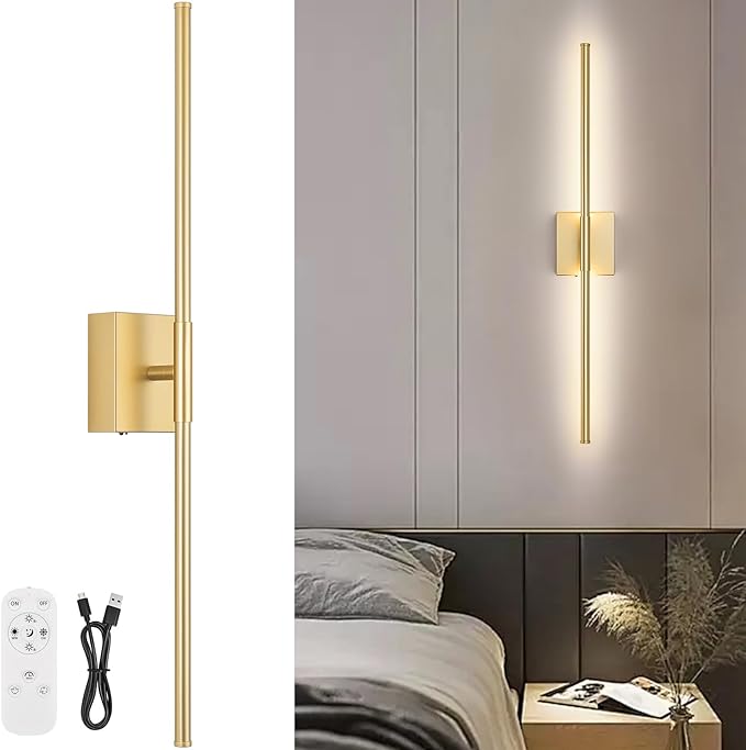 Battery Operated Wall Sconce, 5CCT Dimmable Gold Wall Lights with Remote Control, Timable LED Wireless Wall Sconces, 350° Ratate for Bathroom, Living Room, Hallway 29.1 Inch 1 Pack