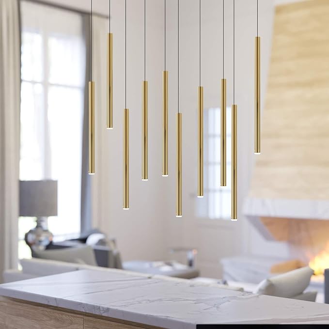 CANALIS 10 Mini Pendant Lighting Brass - LED Hanging Light Fixture for Kitchen Island, Bar, Foyer - Cluster Pendants - Dimmable, Adjustable Wire, Lamp Bulb Included
