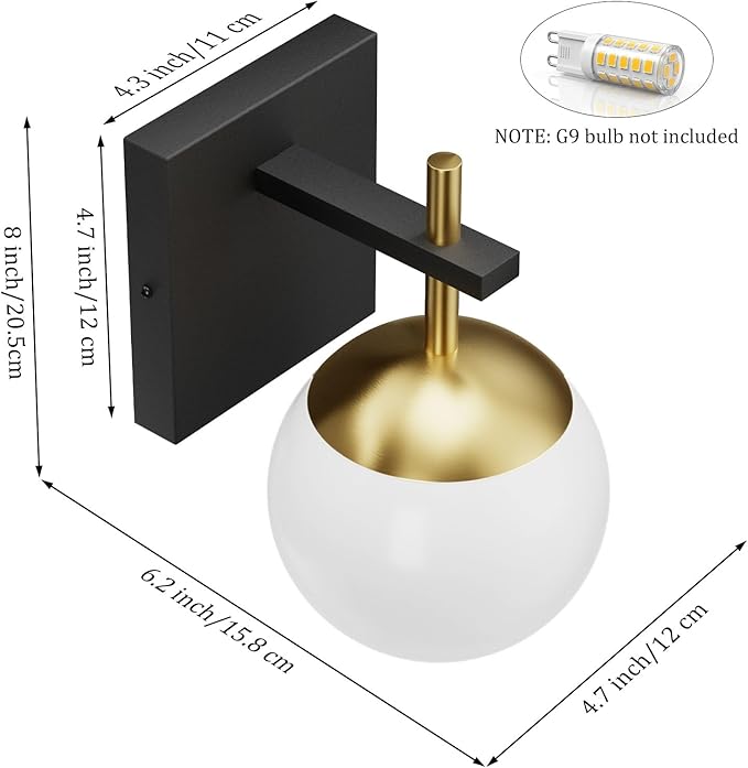 Ralbay Black Gold Indoor Wall Sconces Set of 2,Mid Century Modern Bathroom Wall Lighting Fixtures Milky Glass Wall Lamp for Bedroom Living Room Vanity Hallway,Black and Gold(Exclude Bulb)