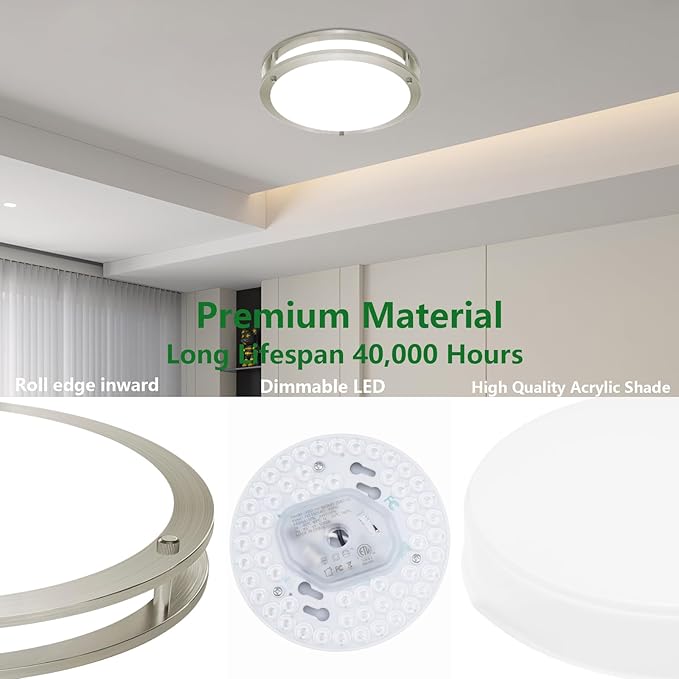 OOWOLF 10 Inch 24W LED Ceiling Lights, 5000K Brightness Adjustable Flush Mount Ceiling Light, Super Bright Brushed Nickel Lighting Lamp Fixture for Bedroom Bathroom Dining, 2-Pack, Daylight White