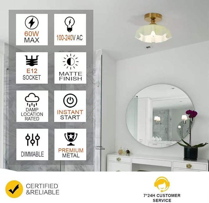 DSMJFU Brass Semi Flush Mount Ceiling Light, Cute Small Green Glass Flush Mount Ceiling Light, Porch Bathroom Lighting Fixtures with Flower Shape Glass for Closet Hallway Entryway