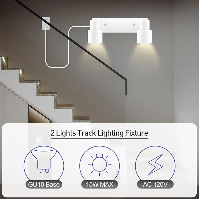 Plug in Track Lighting Fixtures Ceiling, White Track Light LED, 2-Light Track Lights with Cord, 2 Way Ceiling Spotlight, Rocker Switch, Rotatable Wall Mount Light for Kitchen/Bedroom,Bulb Not Included