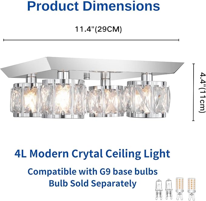 Luxury K9 Crystal Ceiling Light with Square Metal Canopy Chrome Finish, 4-Light Elegant Flush Mount Modern Chandelier for Living Room, Bedroom, Kitchen, Bathroom G9 Base Bulb Not Included