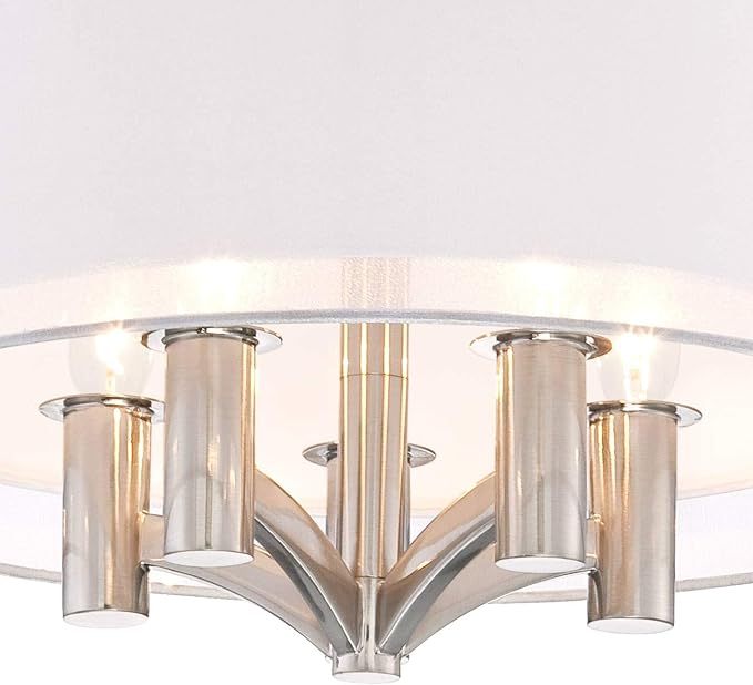 Possini Euro Design Caliari Modern Ceiling Light Semi Flush Mount Fixture Brushed Nickel 18" Wide 5-Light Sheer Silver White Linen Double Drum Shade for Bedroom Kitchen Living Room Hallway Bathroom