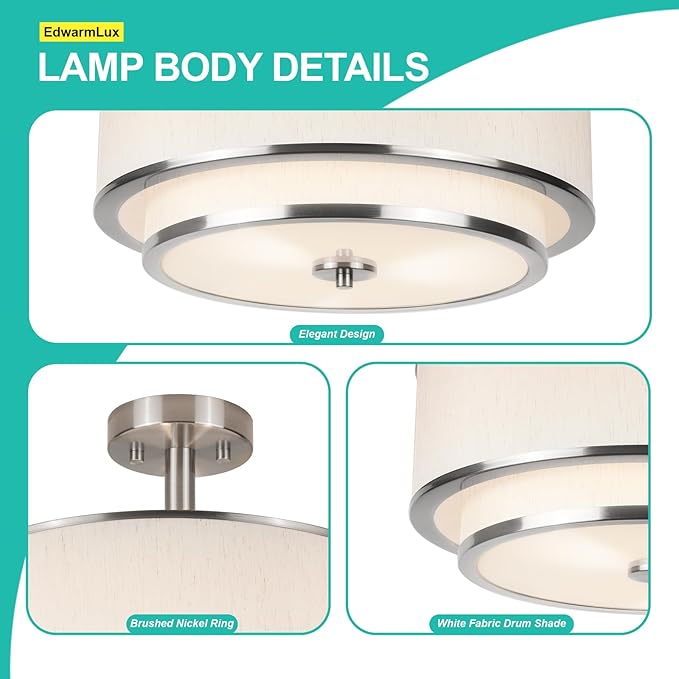 3-Light Semi Flush Mount Ceiling Light, 16" Drum Light with White Fabric Shade, Modern Close to Ceiling Lamp for Living Room Bedroom Dining Kitchen Hallway Entry (Brushed Nickel)
