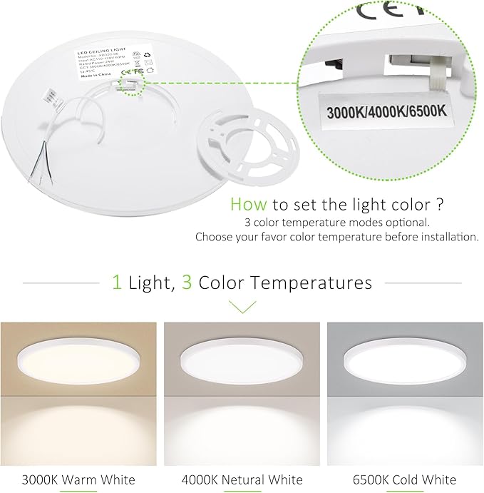 2 Pack LED Flush Mount Ceiling Light, 24W Ultra Thin Round White 3000k/4000k/6500k 3 Color Temperatures Adjusted 12 Inch Modern Ceiling Lights for Bedroom Bathroom Kitchen, Wired