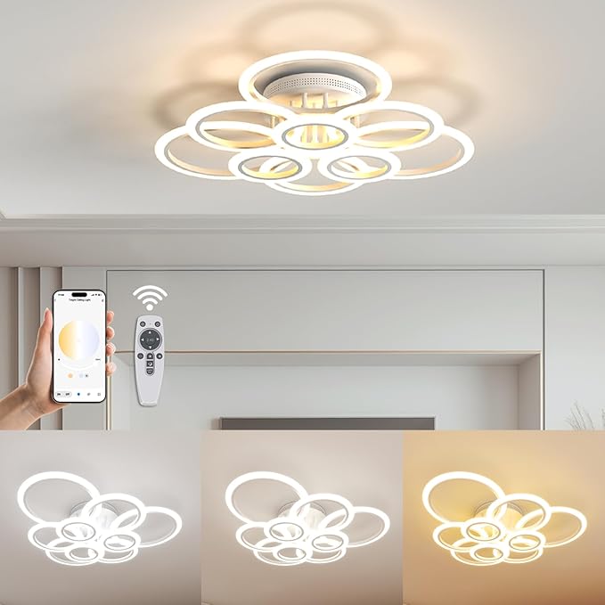 Modern LED Ceiling Light, 9 Ring Flush Mount Ceiling Light Fixture, Lampara de Techo con Control Remoto y App, 2800K-7000K Dimmable, 120W Chandeliers for Dining Room, Living Room, Bedroom