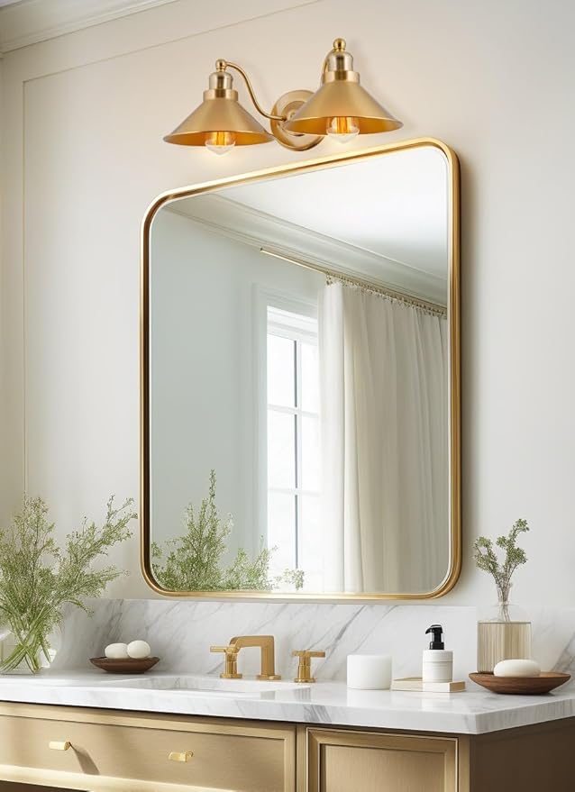 Kira Home Welton 19" 2-Light Modern Farmhouse Gold Vanity Light with Dual Funnel Shades, Industrial Gold Wall Sconce Bathroom Light, Cool Brass Finish