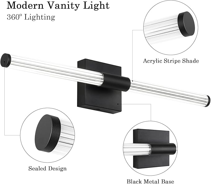 Modern LED Vanity Light, 360° Full Lighting Bathroom Light Fixture Over Mirror, 22W 5500K Cool White, Hardwired Wall Sconce, 23.6 Inch, Black