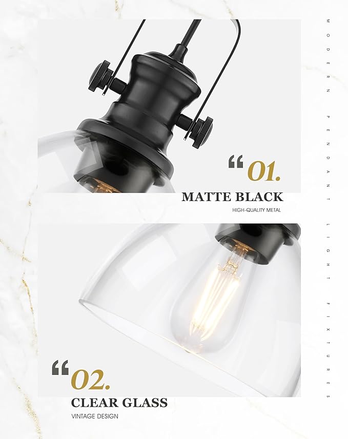 Black Pendant Lights Kitchen Island, 7.5" Farmhouse Pendant Lighting with Clear Glass Shade, Vintage Hanging Light Fixtures for Dining Room Entryway, Adjustable Cord, AD-22151-1P-BK-C