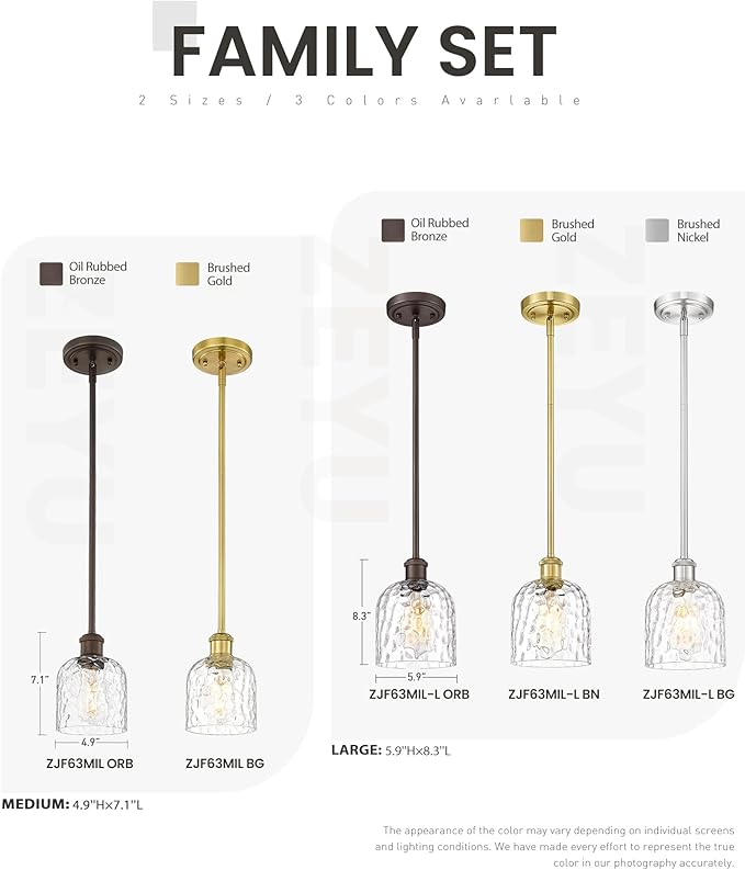 zeyu Industrial Pendant Light,1-Light Hanging Light Fixture Kitchen, Brushed Nickel Hanging Light with Clear Hammered Glass, ZJF63MIL-L BN