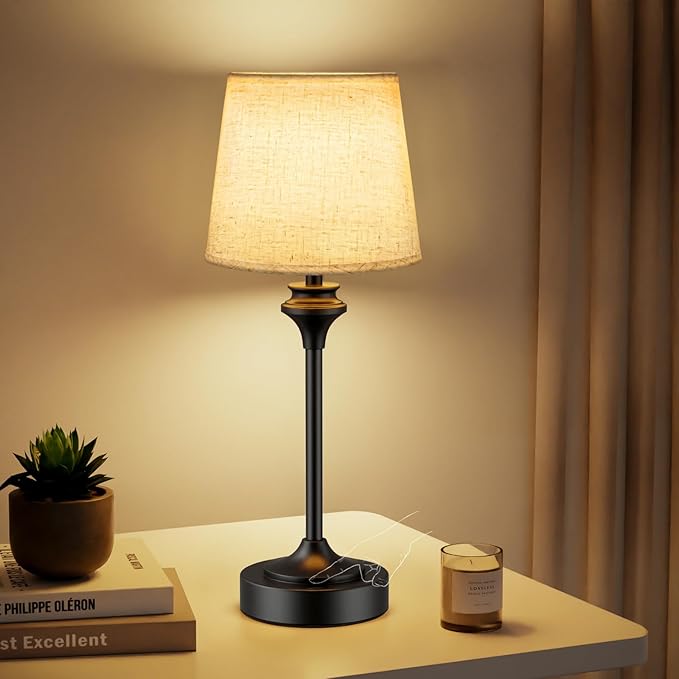NIORSUN Portables Cordless Table Lamp,Flaxen Fabric Shade Battery Operated Lamp,5200mAh Bedside Table Lamp with Warm White,3 Way Dimmable Touch Desk Lamp for Living Room Bedroom Restaurant (Black)