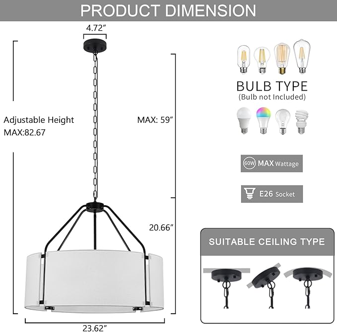 Drum Chandeliers, Modern 23'' Farmhouse Pendant Light Fixture with White Linen Fabric Shade, Black Round Adjustable Hanging Lights for Dining Room Bedroom Kitchen Living Room Foyer Entryway