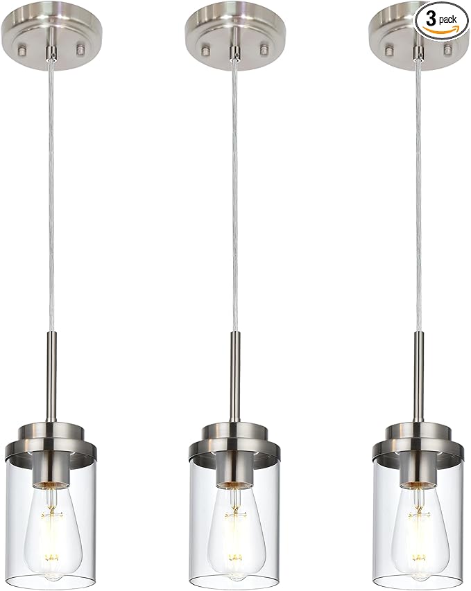 MELUCEE 3 Pack Hanging Pendant Lighting Fixtures Brushed Nickel, Adjustable Hanging Ceiling Lamp with Clear Glass Shade, Modern Pendant Light for Kitchen Island Dining Room Hallway