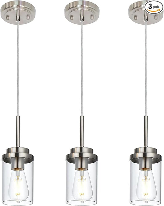 MELUCEE 3 Pack Hanging Pendant Lighting Fixtures Brushed Nickel, Adjustable Hanging Ceiling Lamp with Clear Glass Shade, Modern Pendant Light for Kitchen Island Dining Room Hallway