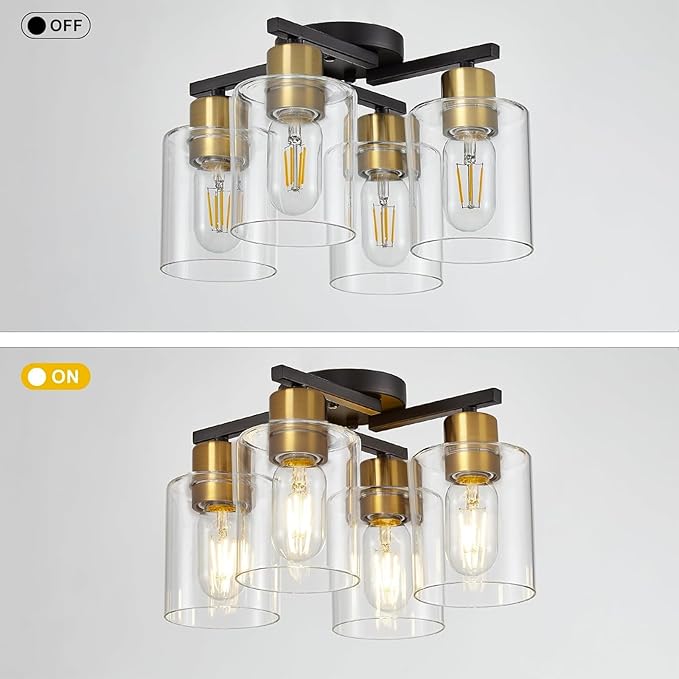 4-Light Semi Flush Mount Ceiling Light, Black and Gold Kitchen Lighting Fixtures Ceiling, Farmhouse Ceiling Light with Clear Glass Shade for Hallway, Living Room, Foyer, Bedroom