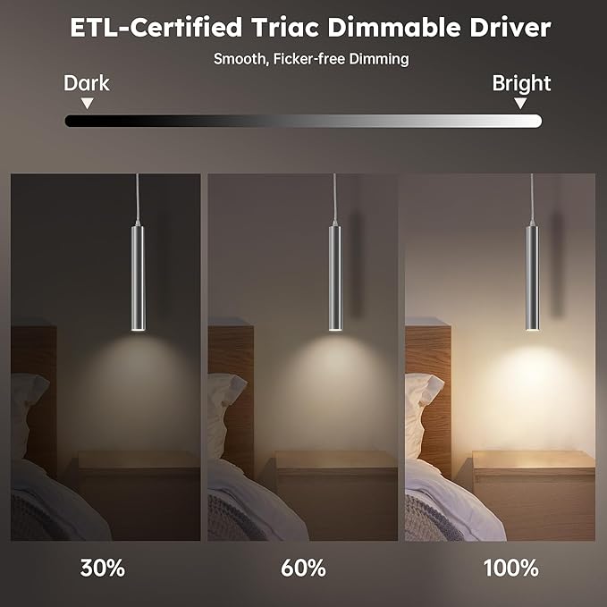 Modern Brushed Nickel Pendant Light, 10W Dimmable Integrated COB LED Adjustable Hanging Downward Lighting Fixtures for Kitchen Island, Dining Room, Bar, 4000K Neutral White, ETL Driver, 3 Pack
