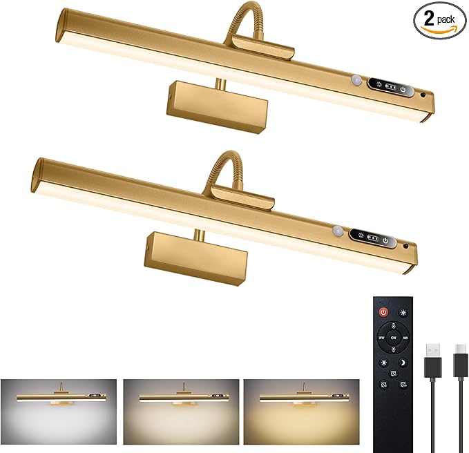 15.7'' Picture Lights for Wall with Motion Sensor, 9000mAh Rechargeable Battery Operated Poster Lights for Paintings, Portraits, Wall Decor, Gold(2pcs)