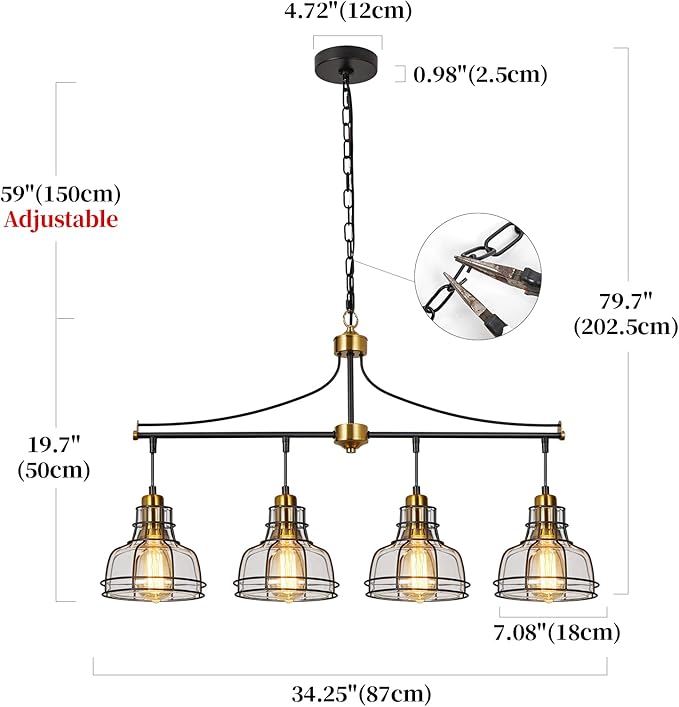 WILON Dining Room Lights, 4 Light Pendant Lighting for Kitchen Island Farmhouse Chandelier Dining Room Light Fixture, Rustic Chandelier Black Modern Pendant Lighting with Clear Glass Shades