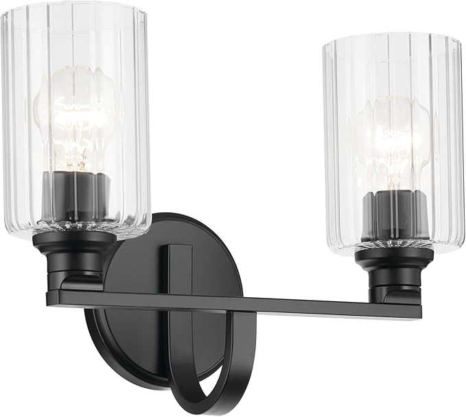 Kichler Gioe 14.25" 2-Light Bathroom Vanity Light Fixture with Clear Fluted Glass in Black, Damp Rated for Powder Room Over Mirror (14.25" W x 10.5" H), 55225BKFLU