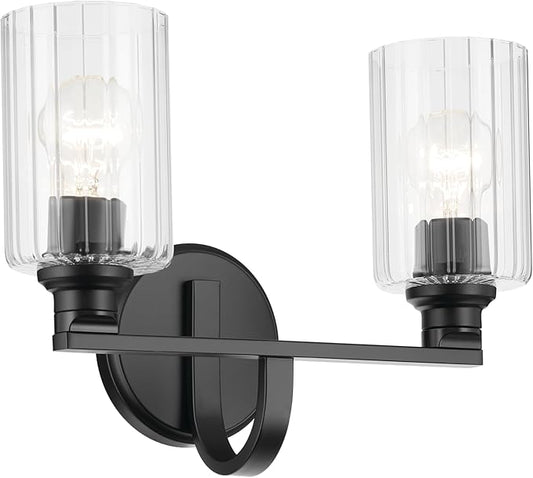 Kichler Gioe 14.25" 2-Light Bathroom Vanity Light Fixture with Clear Fluted Glass in Black, Damp Rated for Powder Room Over Mirror (14.25" W x 10.5" H), 55225BKFLU