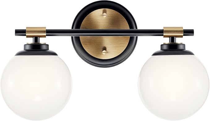 Kichler Benno 2-Light Bathroom Vanity Light Fixture with Opal Glass, Modern Black and Champagne Bronze Light for Powder Room or Bath (8.75 in x 14.75 in), 55171BKCPZ