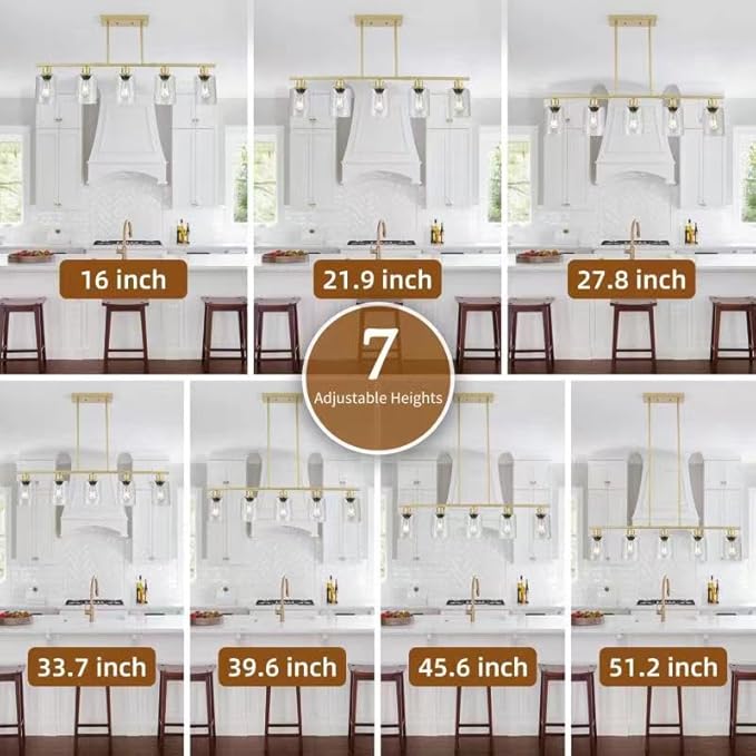 39.4" Kitchen Island Lighting, 5 Lights Clear Glass Pendant Light Fixtue, Golden Linear Metal Chandelier for Dining&Living Room Foyer,Height Adjustable,E26 Socket