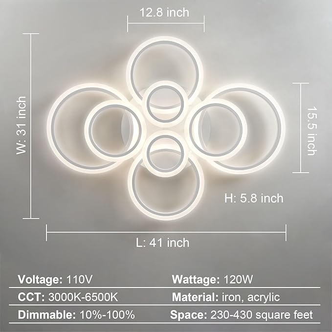 Modern LED Ceiling Light 41inch with Remote Dimmable 8 Ring White Flush Mount Ceiling Light Fixture for Living Room Bedroom Kitchen Dining Room