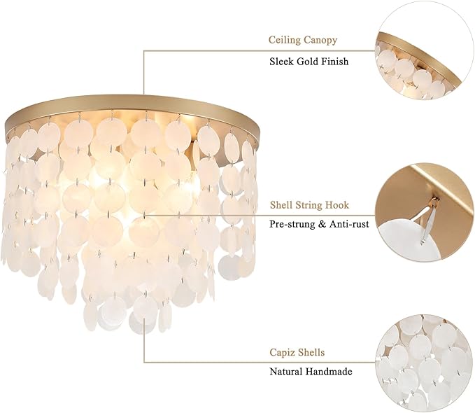 Gold Modern Capiz Shell Ceiling Light Fixture, 17.7" Coastal Flush Mount Lighting for Bedroom, Living Room, Kitchen, Hallway, Nursery, Entryway, Closet, Dining Room | Dimmable Bathroom Chandelier