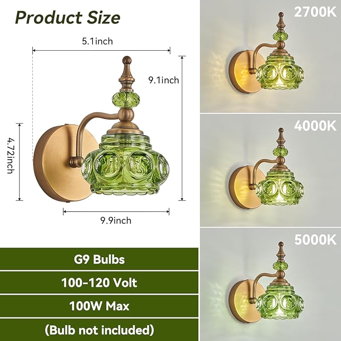 2-Pack Wall Sconces Green + Brass Bathroom Vanity Lighting Fixtures, Vintage Vanity Light Rust-Proof and Durable for Bedroom Living Room Hallway