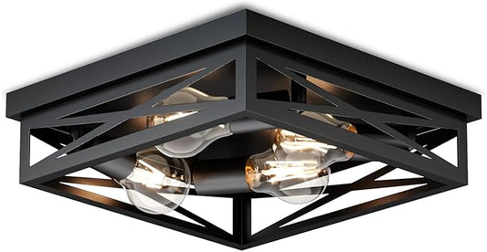 LVWIT 13.8 Inch Flush Mount Ceiling Light Fixtures, 4-Light Black Light Fixtures Ceiling Mount, Square Hallway Light for Kitchen Entryway Hall (E26 Base, Bulbs Not Included)