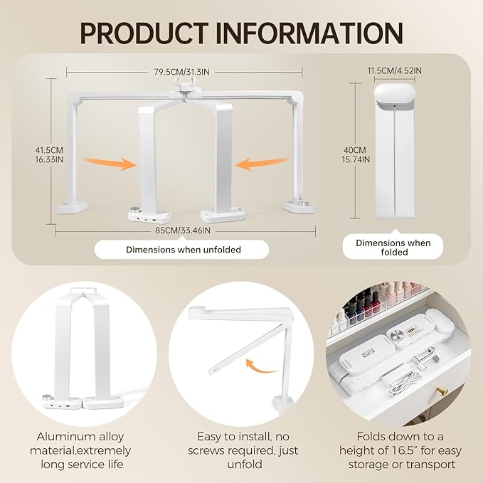 AORAEM 34in Foldable Half Moon Light, Nail Desk Lamp with Power Output Base, 456 LED 3000K-6000K Stepless Dimmable Professional Esthetician Light for Manicure Tattoo Light