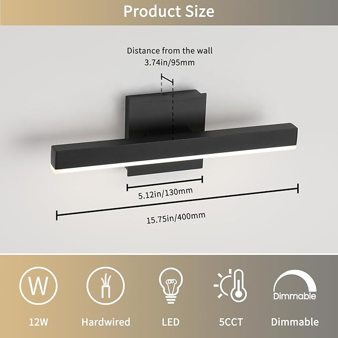 Joossnwell Black Bathroom Vanity Light Fixtures Dimmable 5CCT LED Bathroom Lighting Bar 15.75 Inch Modern Bath Lights Fixture Over Mirror 12W