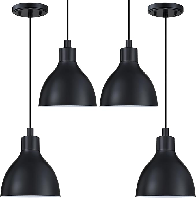 Single Hanging Kitchen Island 6.5" Drum Industrial Metal Pendant Ceiling Light Fixtures for Over Sink,Dining Room,Corridor,Entryway,Hallway 4 Pack Black