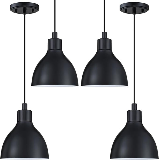 Single Hanging Kitchen Island 6.5" Drum Industrial Metal Pendant Ceiling Light Fixtures for Over Sink,Dining Room,Corridor,Entryway,Hallway 4 Pack Black