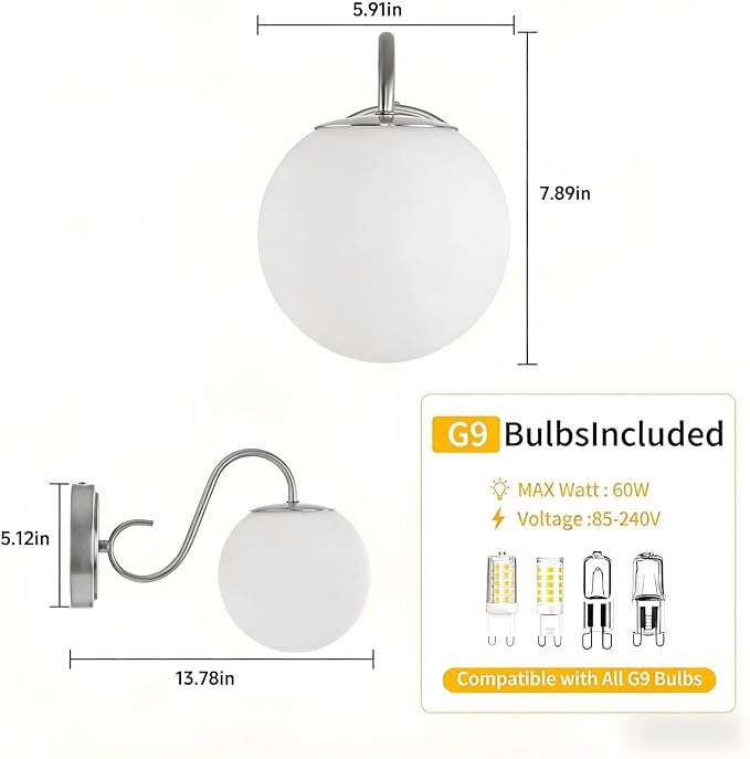 2-Pack Wall Sconce for Bathroom, Vintage Brushed Nickel Vanity Lights, Wall Mount Light Fixtures With Milk Glass Globe Shade, Indoor Wall Lights Fixture for Bedroom Living Room Mirror Hallway(G9 Incl)