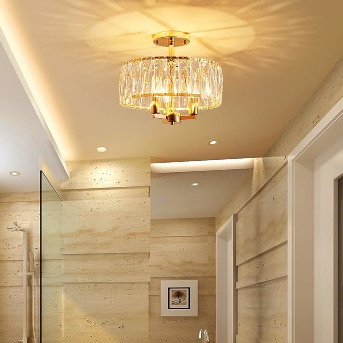 AGV LIGHTING CL003G K9 Crystal Semi Flush Mount Ceiling Light Fixture, E12 Base 3-Lights, D13 x H15, Shine Gold & Black Finish