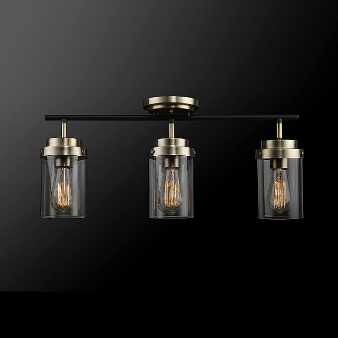 GLOBE Electric 59673 3-Light Track Lighting, Antique Brass, Matte Black Bar, Clear Glass Shades, Lighting for Kitchen, Bathroom, Bedroom, or Dining Room, Living Room Ceiling Lights, Light Fixture