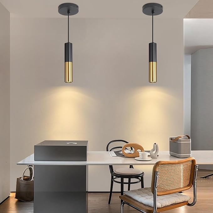 2 Pack Modern Black and Gold LED Pendant Lights, Minimalist Linear Hanging Light, 3 Color 2700K/4500K/6500K, Ceiling Mount Pendant Lamp for Kitchen Island, Dining Room, Bedroom, Bar, Cafe