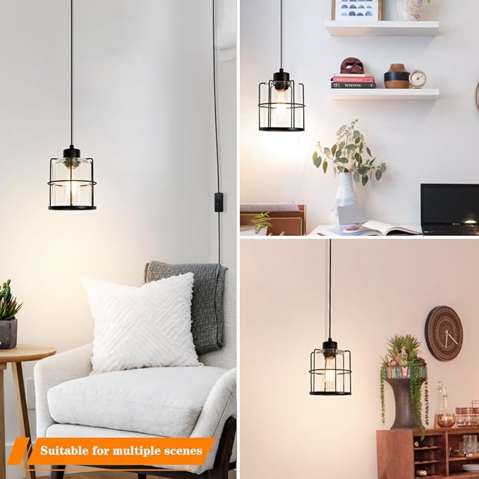 Black Plug In Pendant Light For Ceiling, Hanging Light Fixture With 16.4ft Plug In Cord, Adjustable Cage Plug In Hanging Lamp With Clear Glass Shade, Small Swag Light Fixture For Bedroom