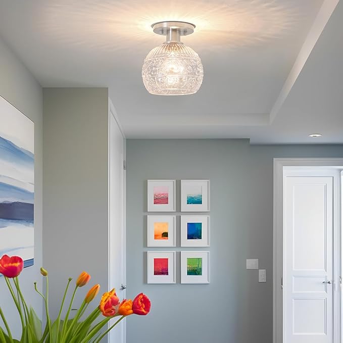 7.09in Brushed Nickel Semi Flush Mount Ceiling Light, Small Vintage Flush Mount Ceiling Light with Globe Glass, Close to Ceiling Lights for Hallway Porch Bedroom, Bulbs Not Included