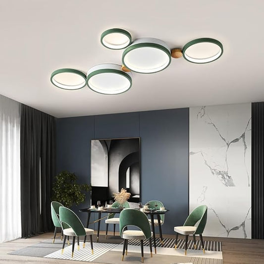 5-Lights LED Ceiling Light Fixture,Modern 34 Inch Ceiling Lights Flush Mount Wooden 35W Dimmable Chandelier for Living Room Bedroom Kitchen,3000K/4000K/6000K Temperatures Selectable Green