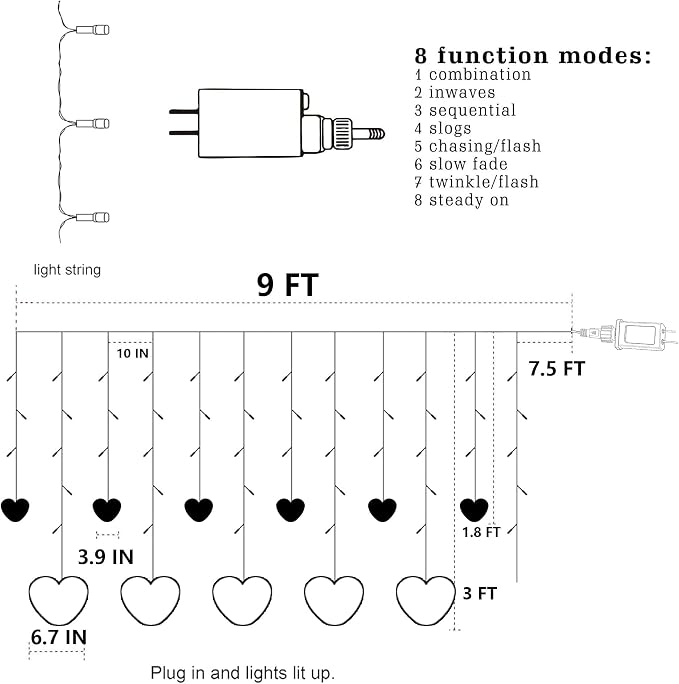 Dazzle Bright Valentines Day Lights, 138LED 9FT 12Heart Curtain String Lights with 8 Modes, Plug in Galentines Decorations for Indoor Window Outdoor Wedding Party Decor (Red)