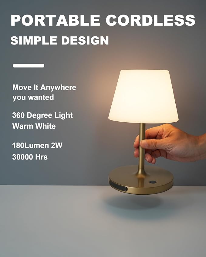 WEILAILUX Outdoor Battery Operated Table Lamp Waterproof, 4000mAh Cordless Table Lamp Rechargeable, Touch Dimmable Desk Lamp, LED Night Light for Patio Camping Restaurant Home (Gold, 9.6in)