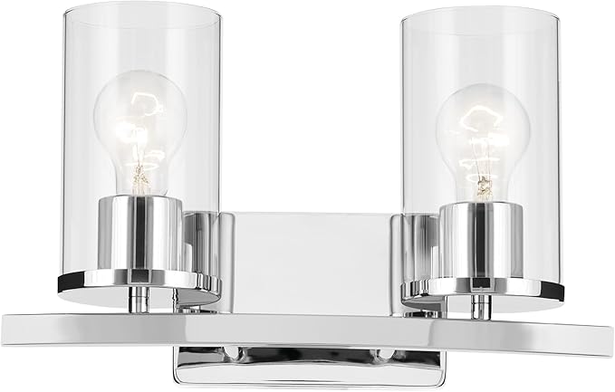 Kichler Crosby 15.25" 2-Light Bathroom Vanity Light Fixture with Clear Glass in Chrome for Modern Powder Room, Wall Mount Over Mirror (15.25" x 8.75"), 45496CHCLR