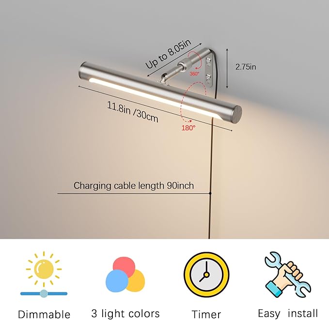 4W Picture Light Plug in, 12" Adjustable LED Art Light with Remote Control, Dimmable Wall Light for Picture Display Dartboard Art Work (Nickel)
