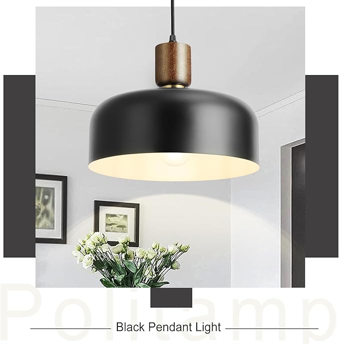 Modern Black Pendant Light Over Kitchen Island,Industrial Pendant Lighting,Adjustable Wood Ceiling Hanging Light Fixture for Dining Room,Living Room,Bedroom,Hallway,Sink,Bar