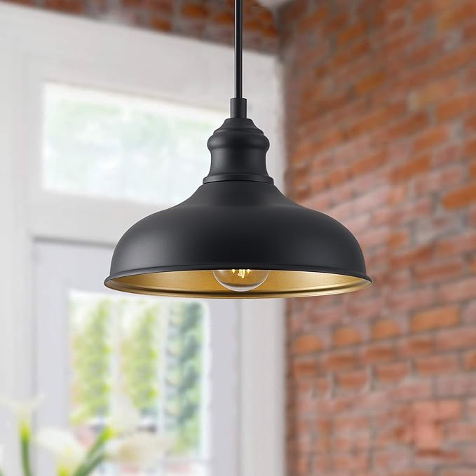 10in Outdoor Pendant Light Fixture Farmhouse Barn Style Kitchen Island Hanging Lamp for House, 2 Pack Black Entrance Pendant Mount Lighting with Brass Interior for Dining Room, Ajustable